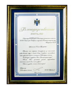 Багрянская Е.Г. Благодарственное письмо от губернатора НСО А.А.Травникова